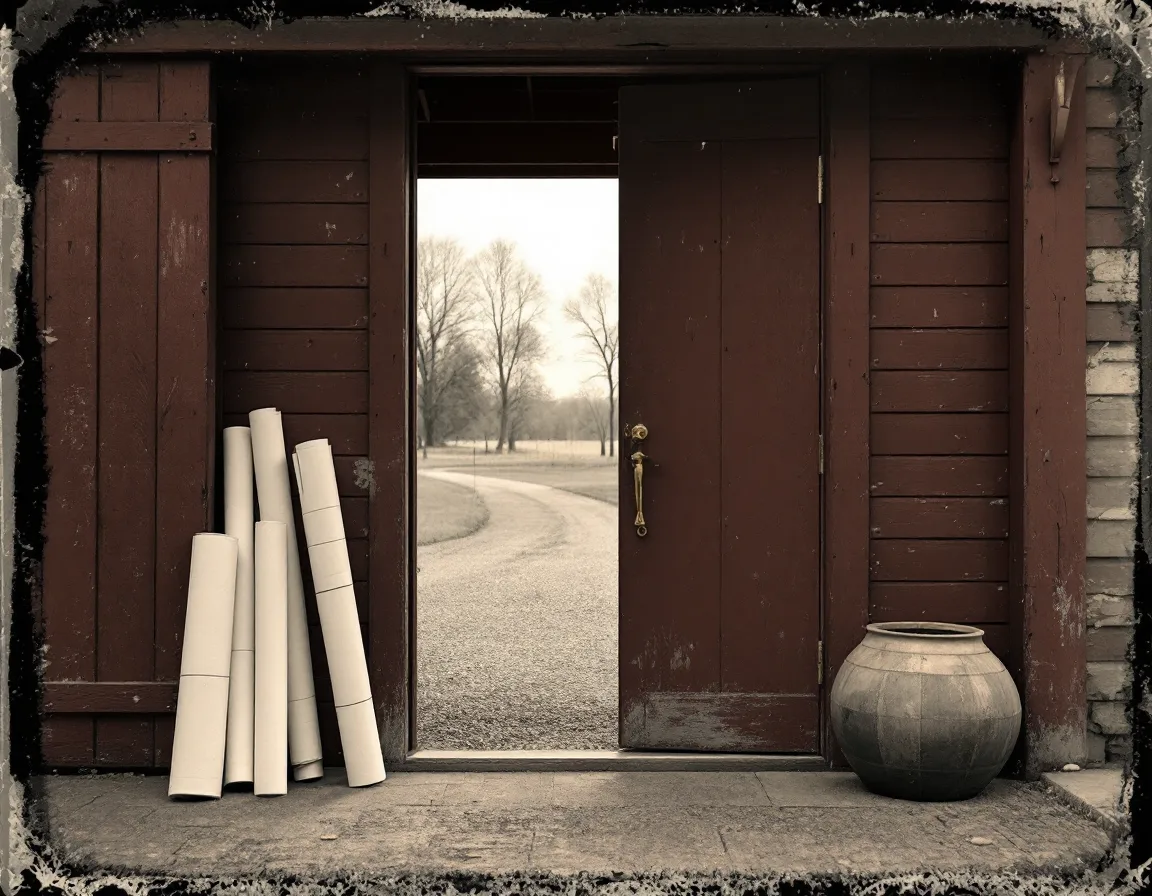 Tintype-style view of the studio doorway on Colony Road with rolled plans by the door