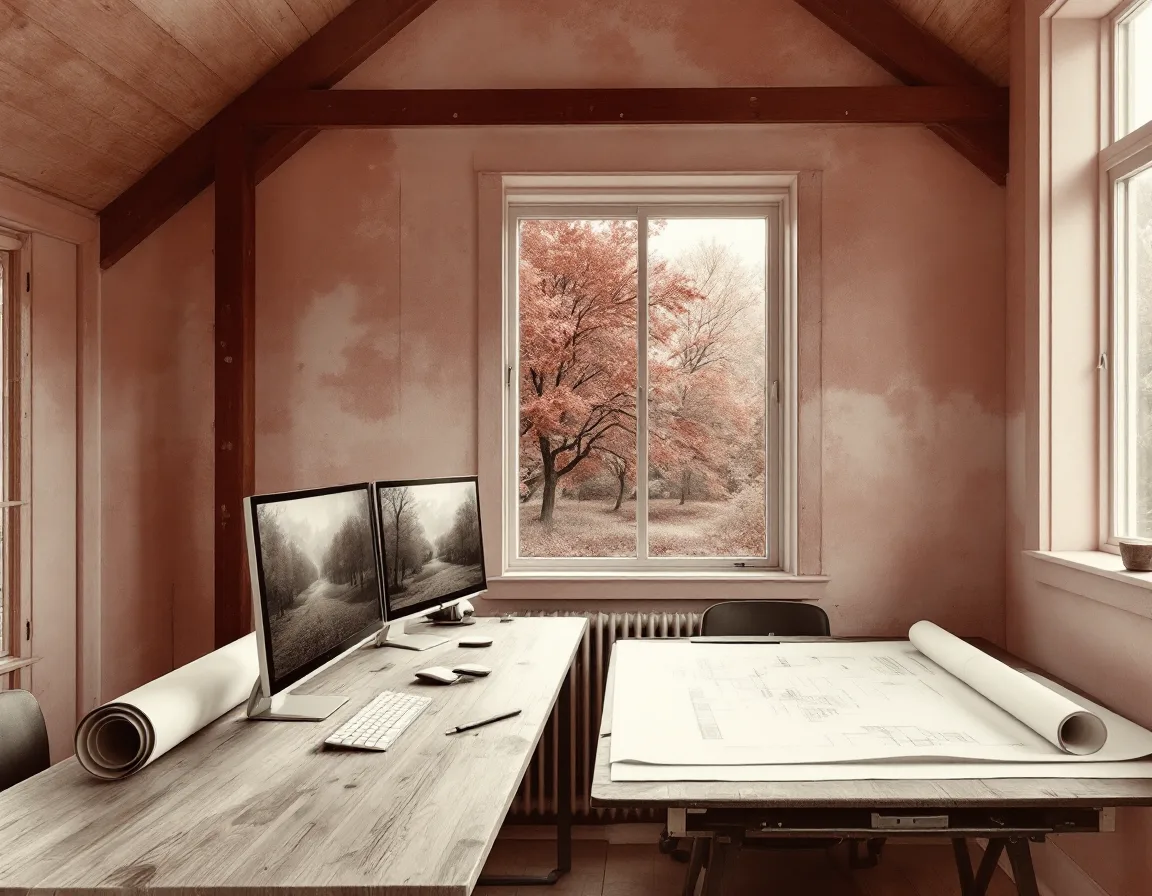 Tintype-style view of a barn-loft studio with monitors, rolled plans and a drafting table