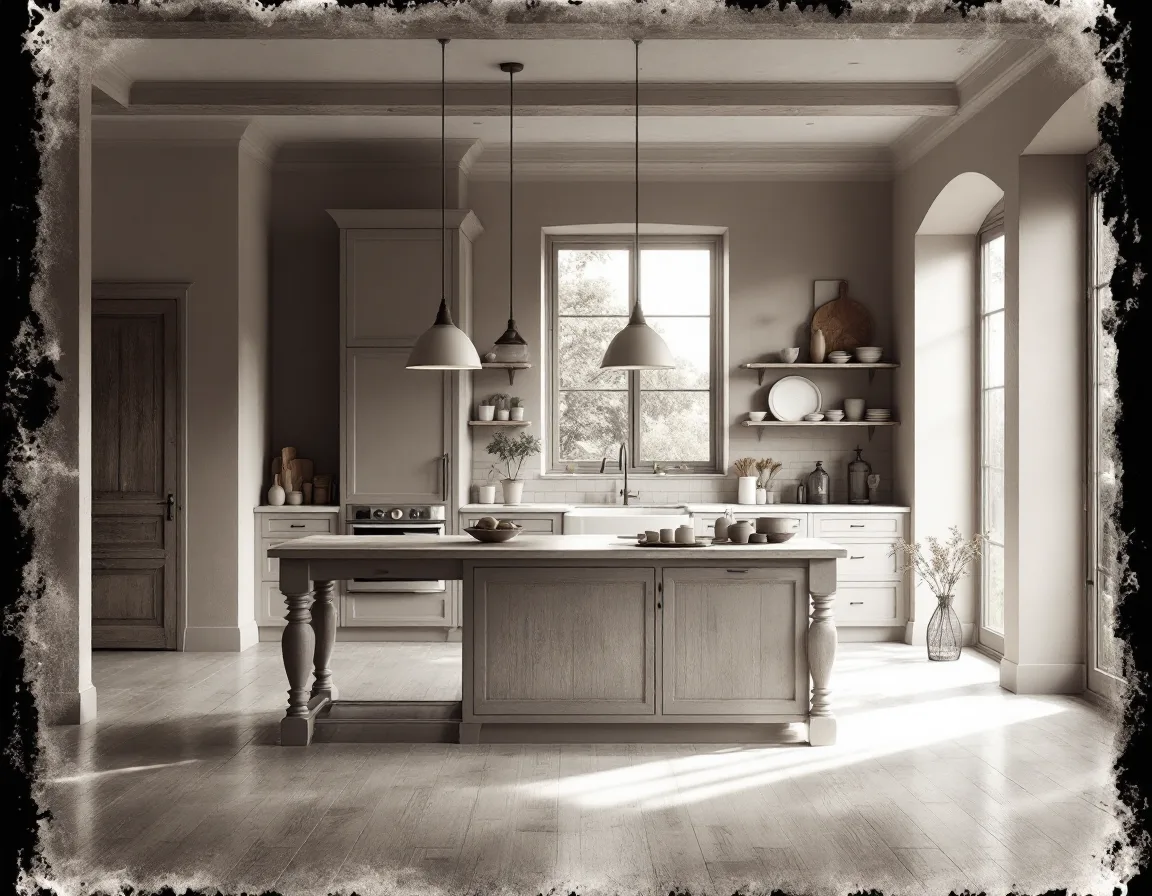 Tintype-style render of a kitchen with an oak island and pendant lamps in morning light