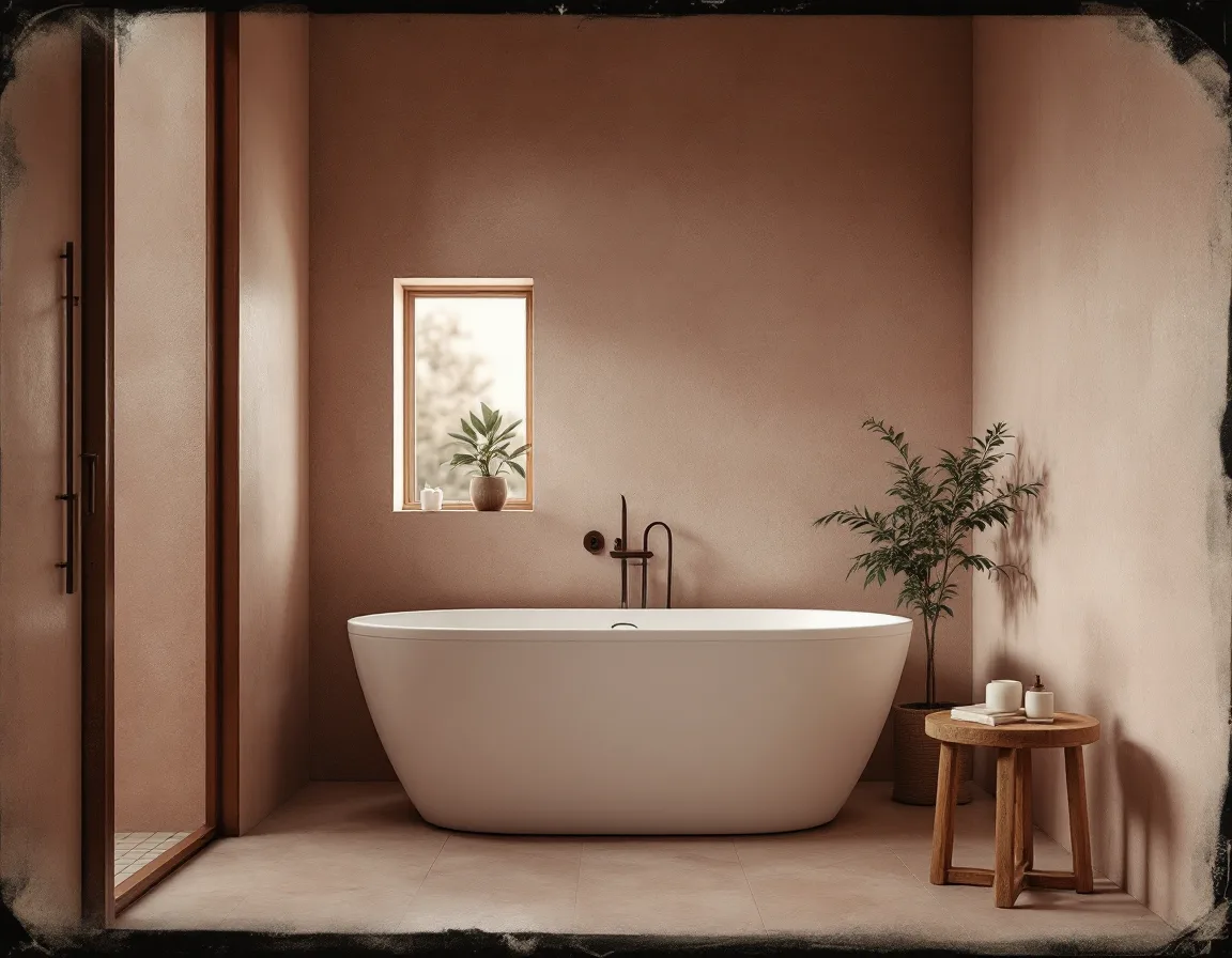 Tintype-style render of a bathroom with a freestanding tub and plaster walls